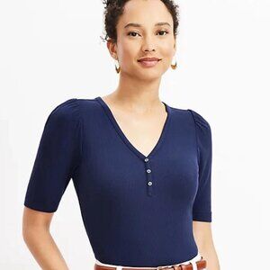 LOFT Petite Ribbed Henley Tee Size M Deep Space Blue NWT